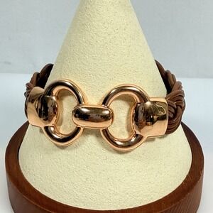 Bronze Milor Italy Bracelet Horsebit Brown Leather Braided Size 6.5 Equestrian